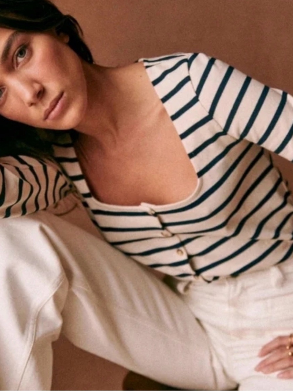 Sezane Cream and Navy Striped Scoop-Neck Button-Front Top